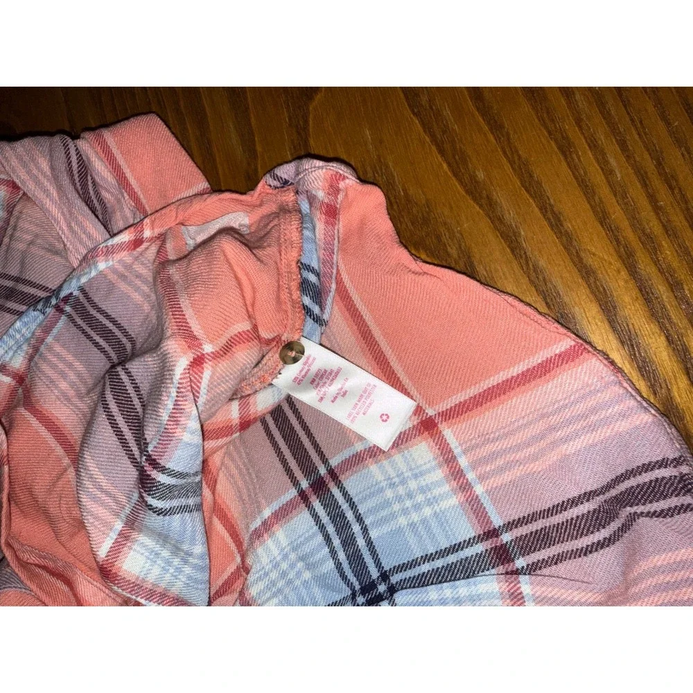 Justice Plaid Button Up Shirt Coral Blue‎ Girls Size M 10 Long Sleeve Pocket